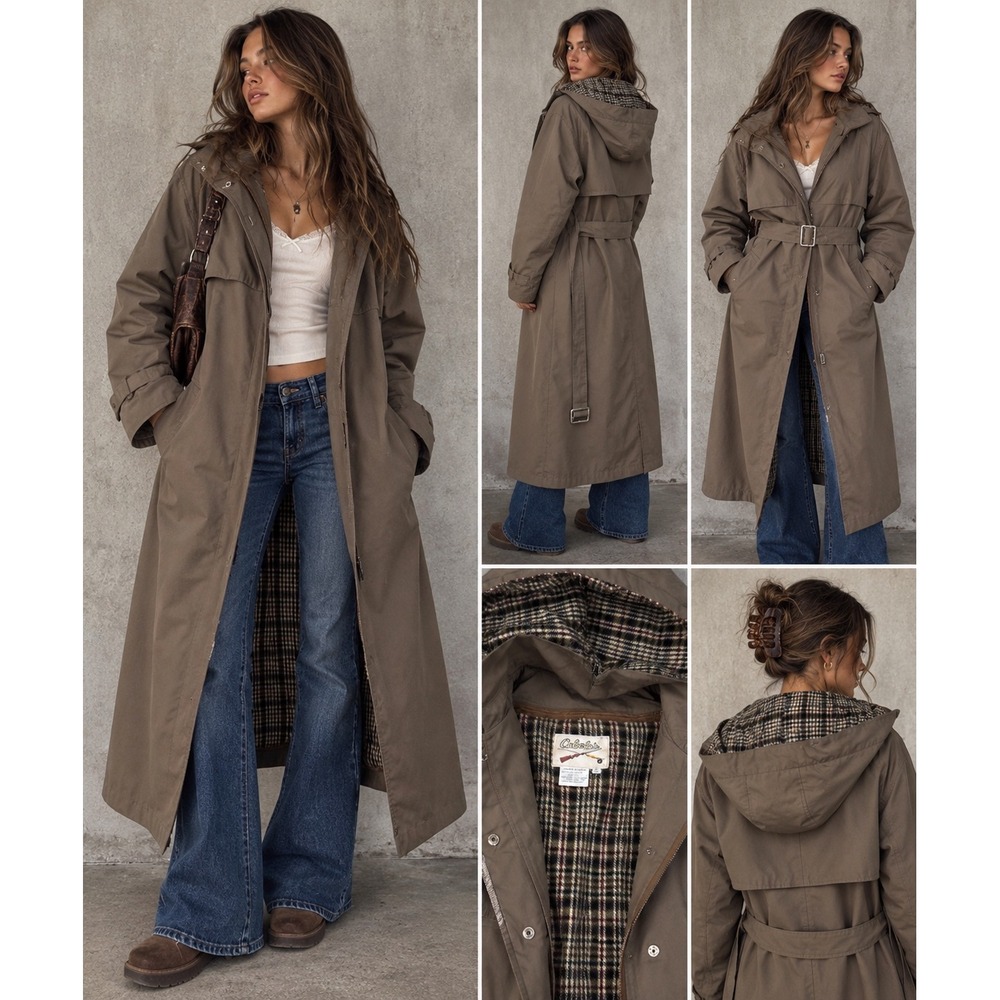 Vintage Cabelas Trench Coat Womens M Tan Goose Down Flannel Lined Jacket Hooded
